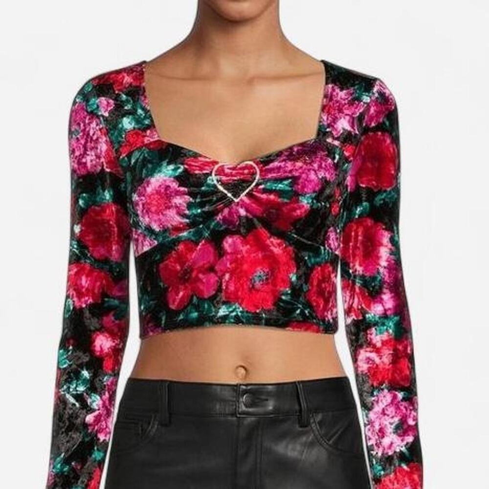 Madden NYC Floral Velvet Crop Top with Heart Detail